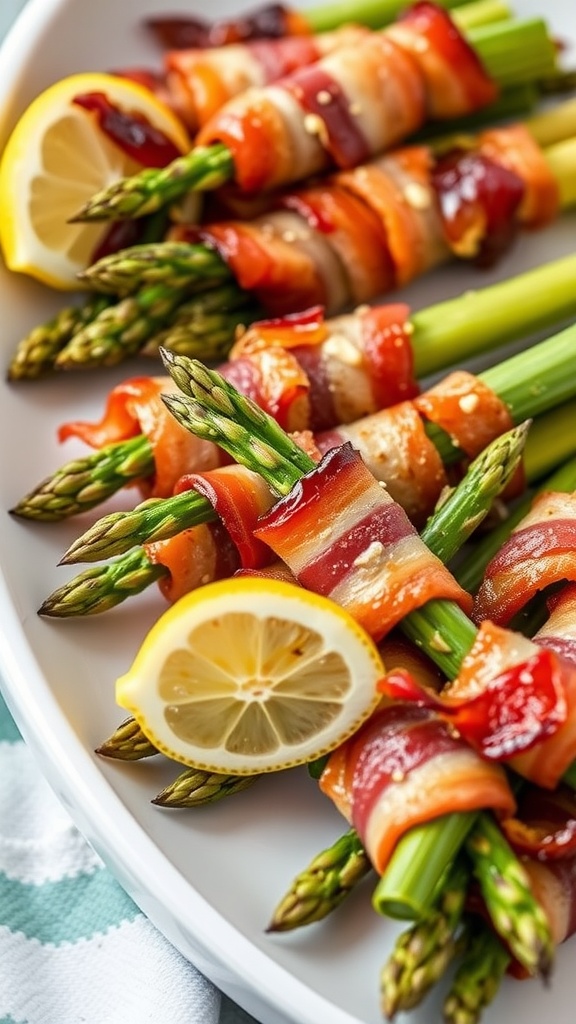 Bacon-wrapped asparagus bundles with lemon wedges