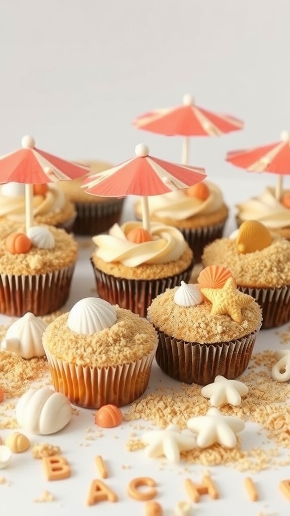 Colorful beach-themed cupcakes decorated with sand, candy shells, and tiny umbrellas.