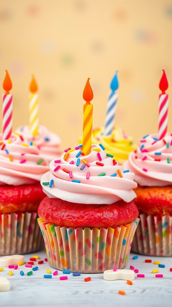 Colorful birthday cupcakes with sprinkles and candles