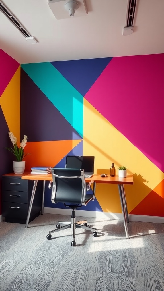 A colorful room with bold geometric patterns on the walls featuring pink, yellow, teal, and blue shapes.