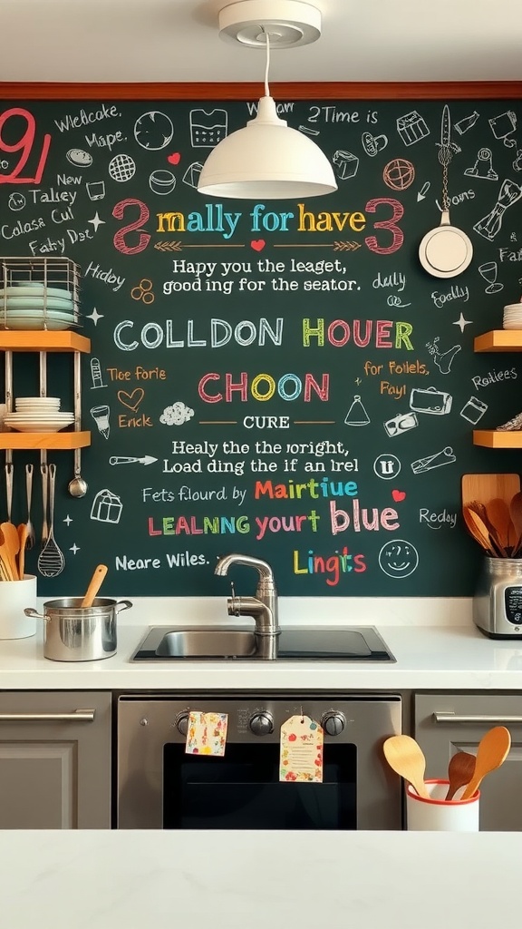 A chalkboard wall filled with colorful drawings and messages in a kitchen setting.