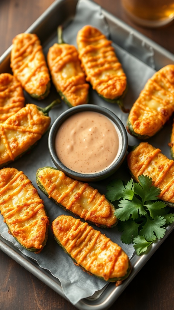 A plate of baked cheesy jalapeño poppers with a dipping sauce.