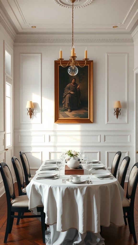A beautifully decorated dining room featuring classic wainscoting on the walls, elegant seating, and a chandelier.