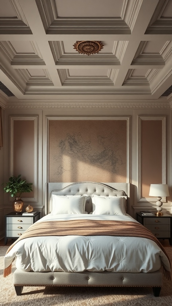 A cozy bedroom featuring a coffered ceiling design with a textured wall and elegant decor.