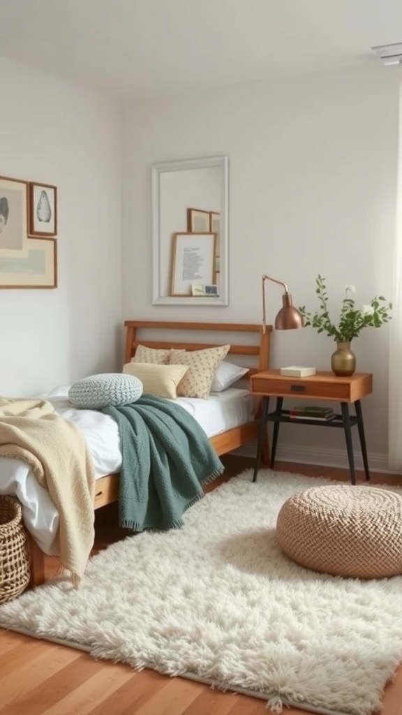 A cozy small bedroom featuring a wooden bed with layered blankets, a stylish rug, and decorative pillows.