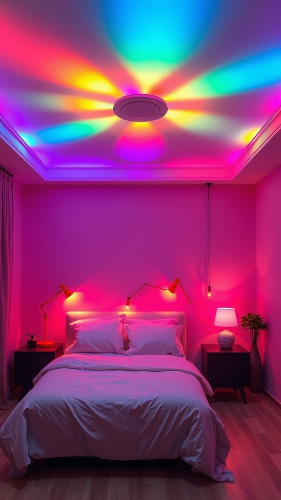 A bedroom with colorful LED lights illuminating the ceiling and walls.