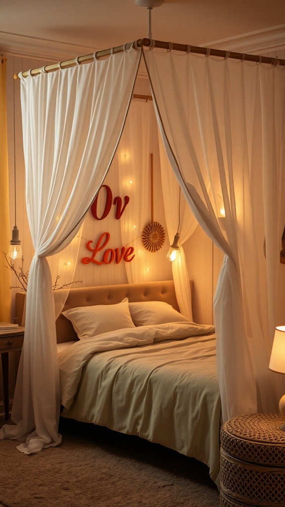 Cozy canopy bed with soft drapes and warm lighting in a small romantic bedroom.