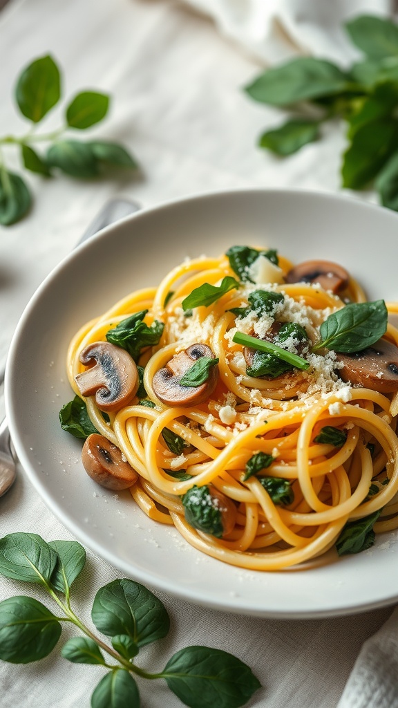 A delicious bowl of creamy spinach and mushroom pasta, garnished with fresh spinach leaves and Parmesan cheese.