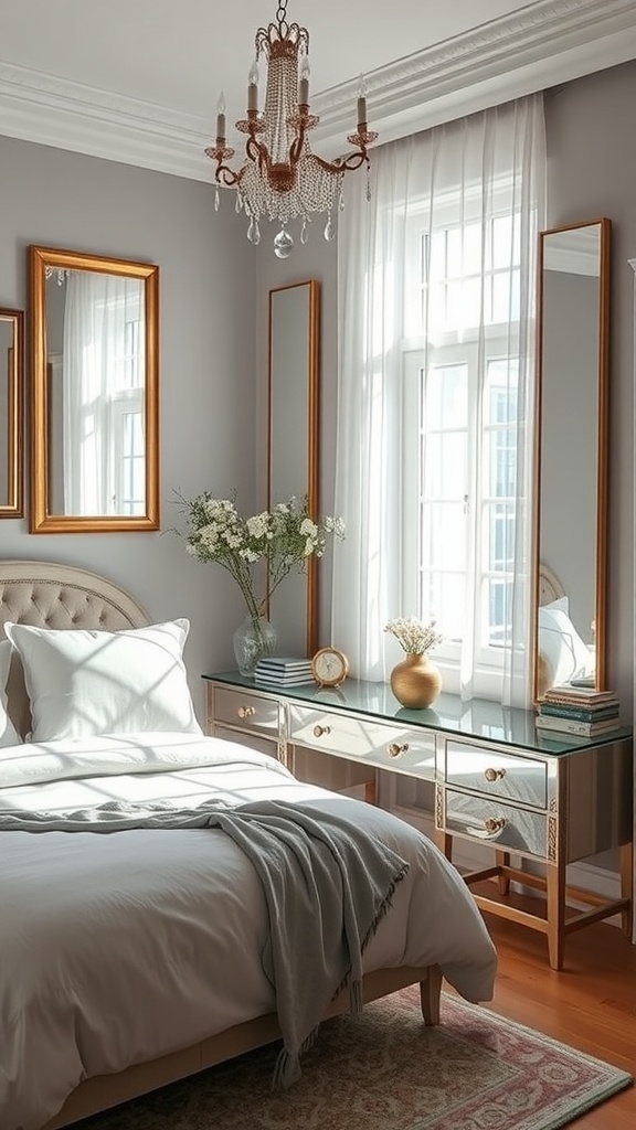 A small romantic bedroom with elegant mirrors and soft lighting.