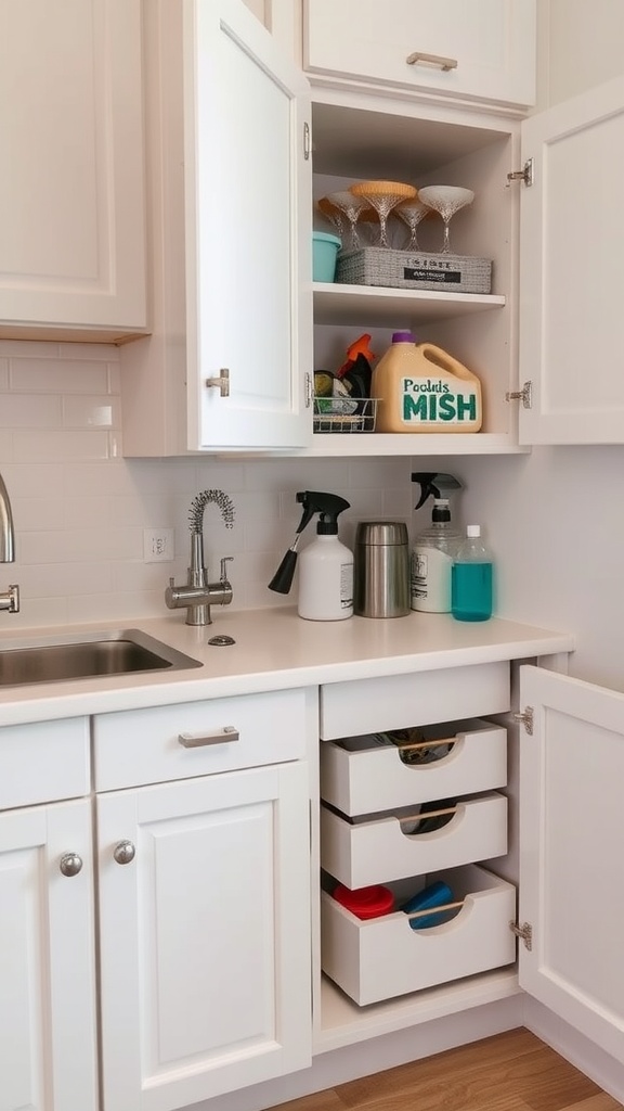 Under-sink storage area with cleaning supplies and organized bins.