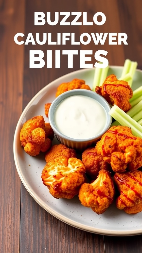 Plate of crispy buffalo cauliflower bites with celery sticks and ranch dressing.