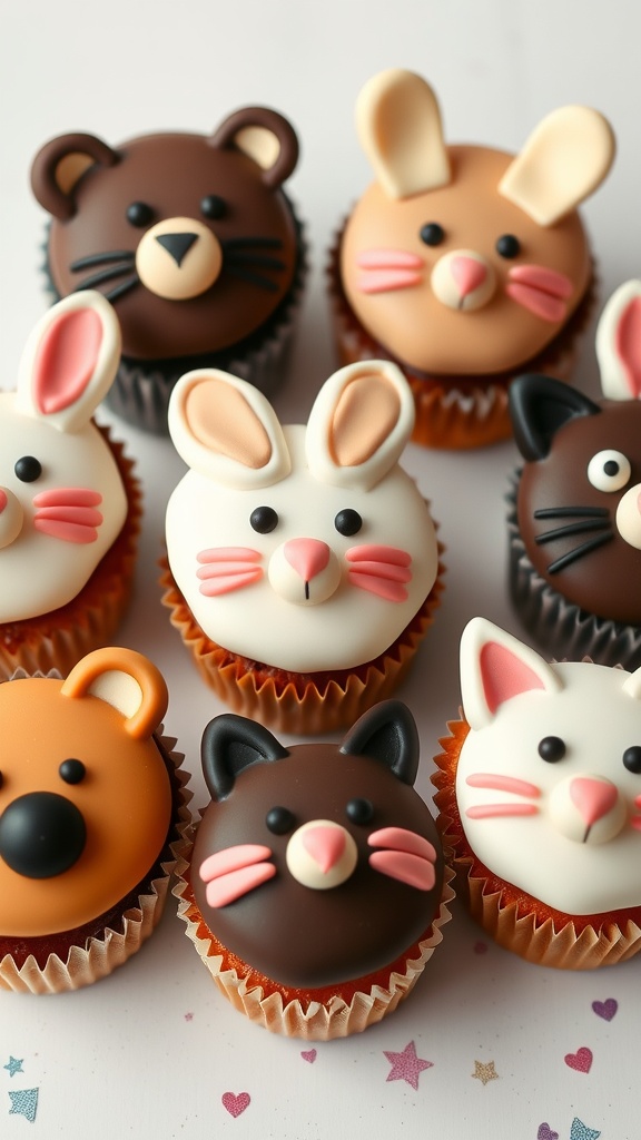 Colorful and playful animal-themed cupcakes decorated with fondant and candy eyes.