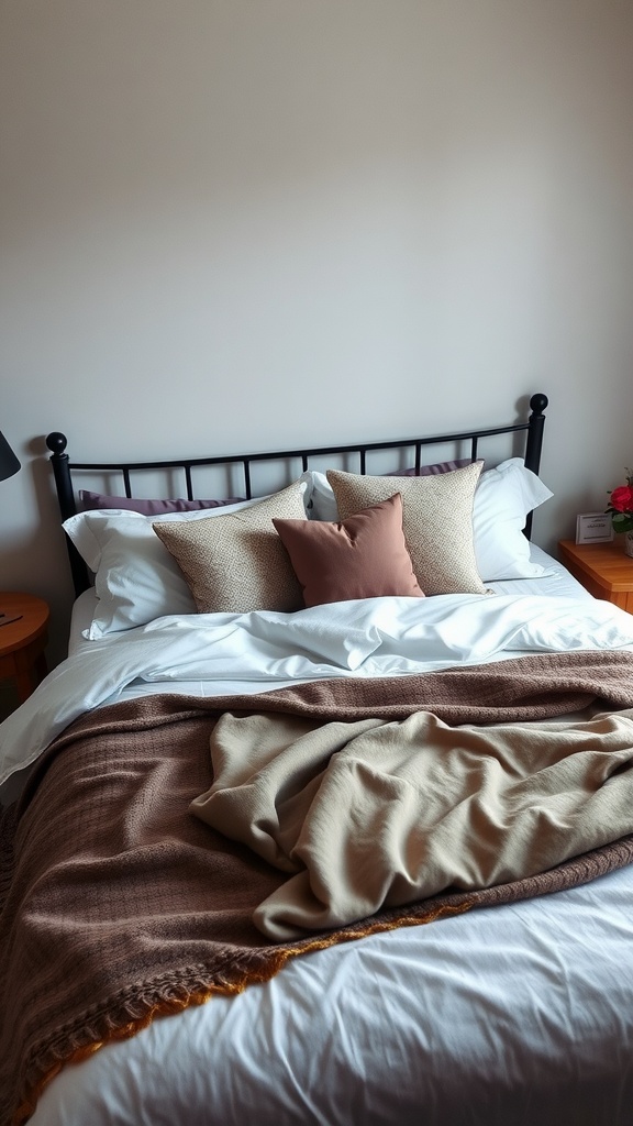 A neatly made bed with soft pillows and a cozy throw blanket.