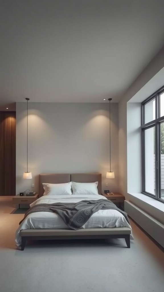 A modern bedroom featuring a drop ceiling with soft lighting.