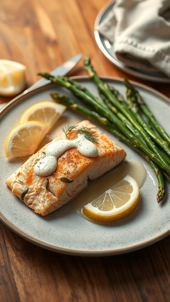 Plate of baked salmon with dill sauce, lemon slices, and asparagus