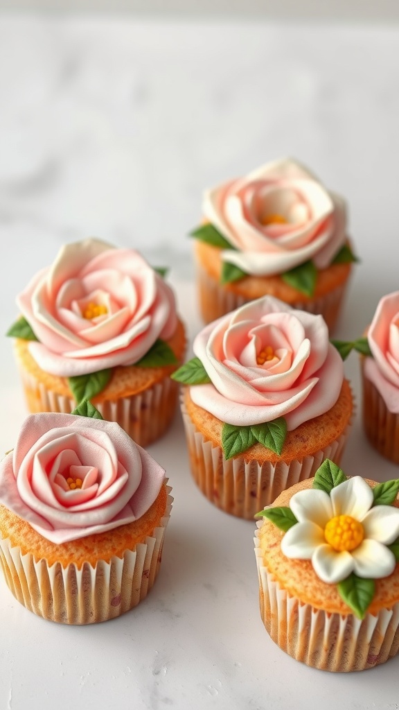 Elegant floral buttercream cupcakes decorated with pink roses and white flowers