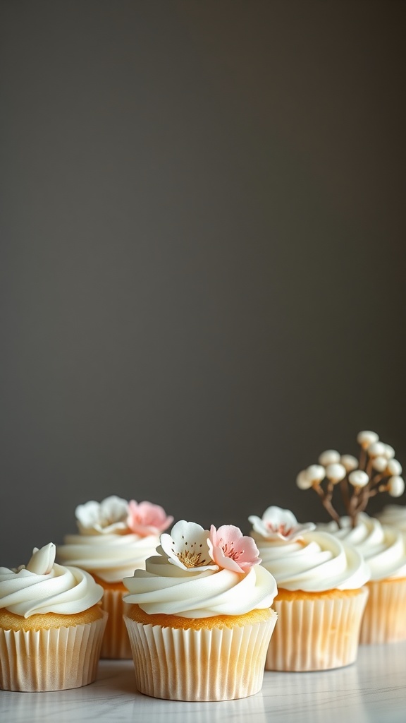 Elegant wedding cupcakes decorated with buttercream and edible flowers.