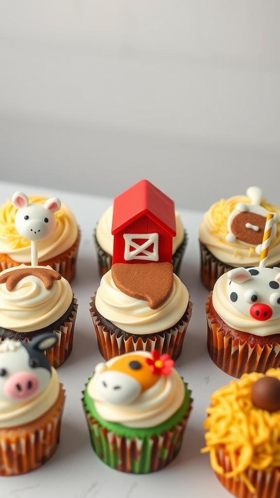 Colorful decorated cupcakes resembling farm animals and a barn.