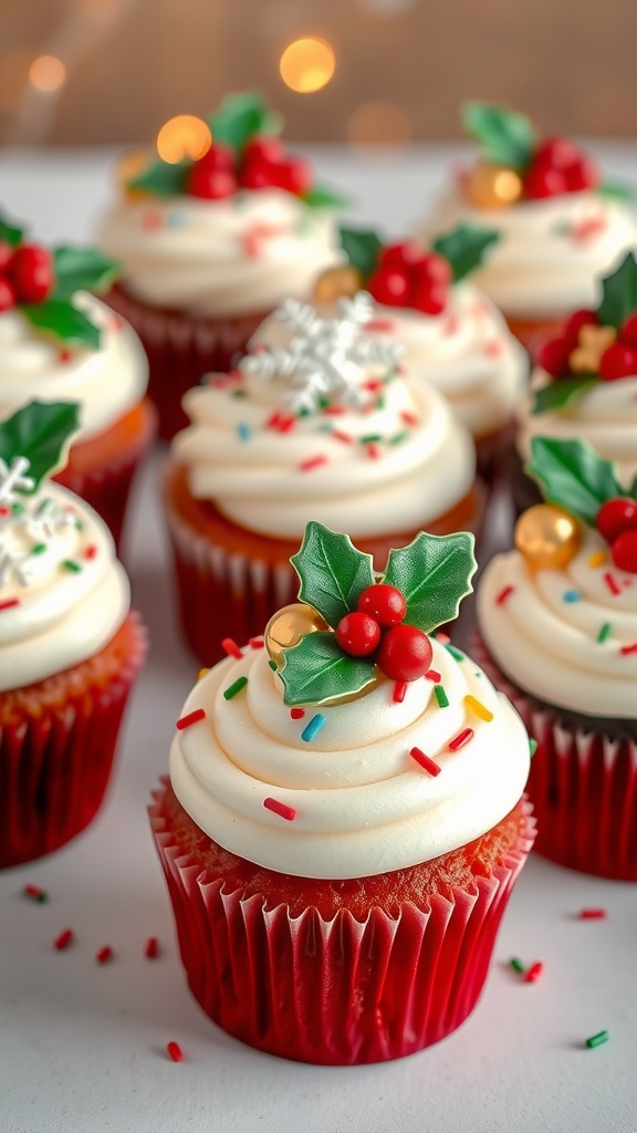 Festively decorated holiday-themed cupcakes with frosting and decorations.