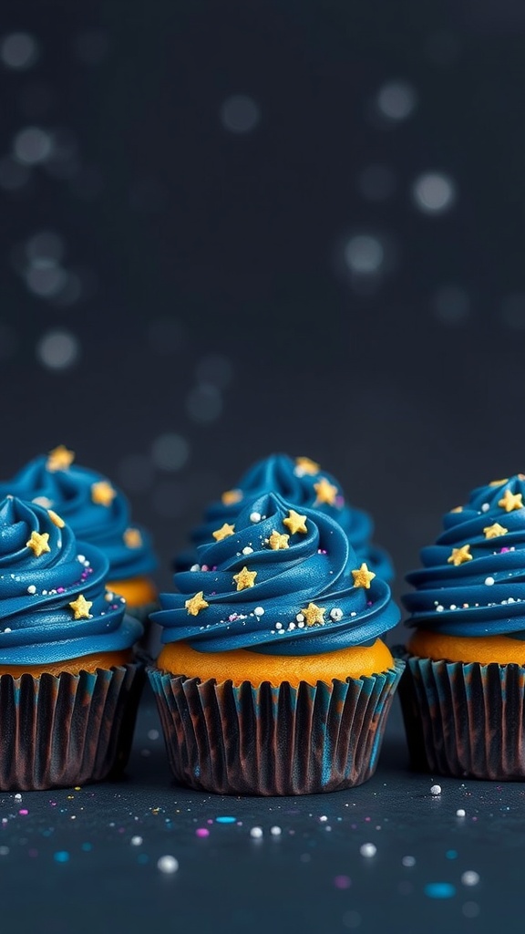 Colorful space-themed cupcakes with blue frosting and star decorations.