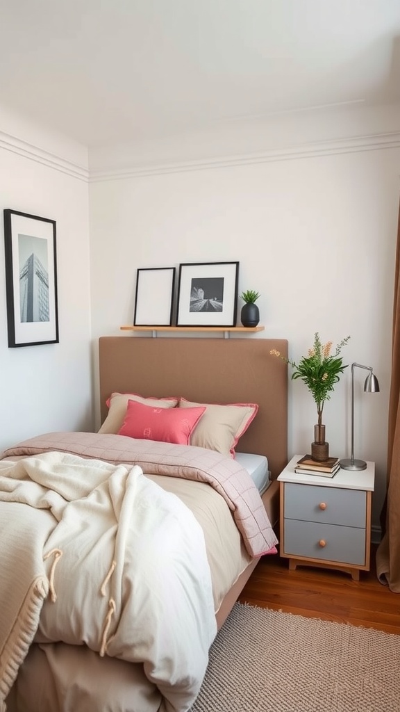 A cozy small bedroom featuring a bed with a soft blanket, decorative pillows, and a nightstand with a plant.