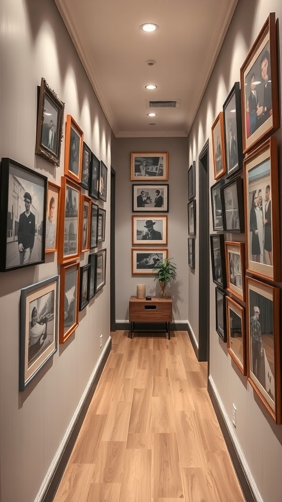 A hallway decorated with a gallery wall of framed photographs