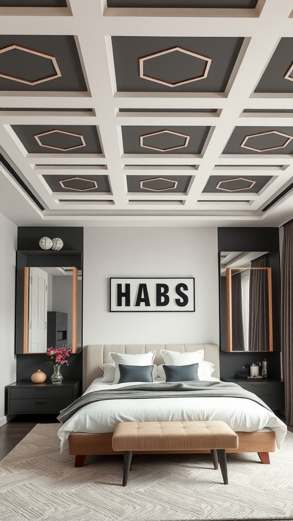 A modern bedroom featuring a geometric patterned false ceiling with hexagonal shapes in a stylish arrangement.