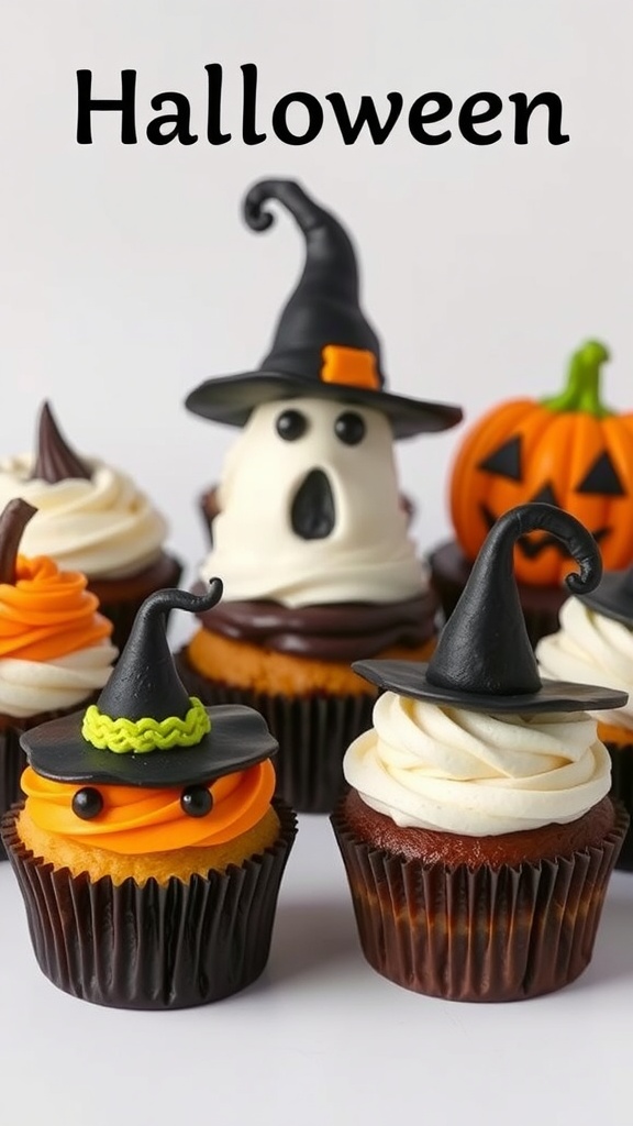 Halloween themed cupcakes decorated with spooky designs