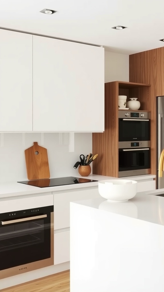 A modern small kitchen featuring hidden appliances and a clean, uncluttered design.
