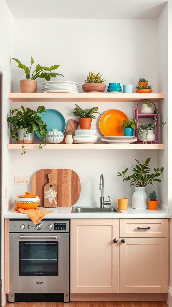Kitchen with open shelving displaying plates, bowls, and plants