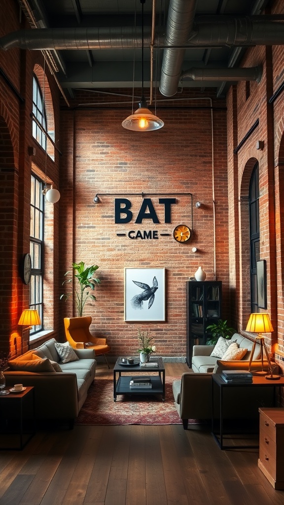 A cozy living area featuring exposed brick walls, modern furniture, and warm lighting.