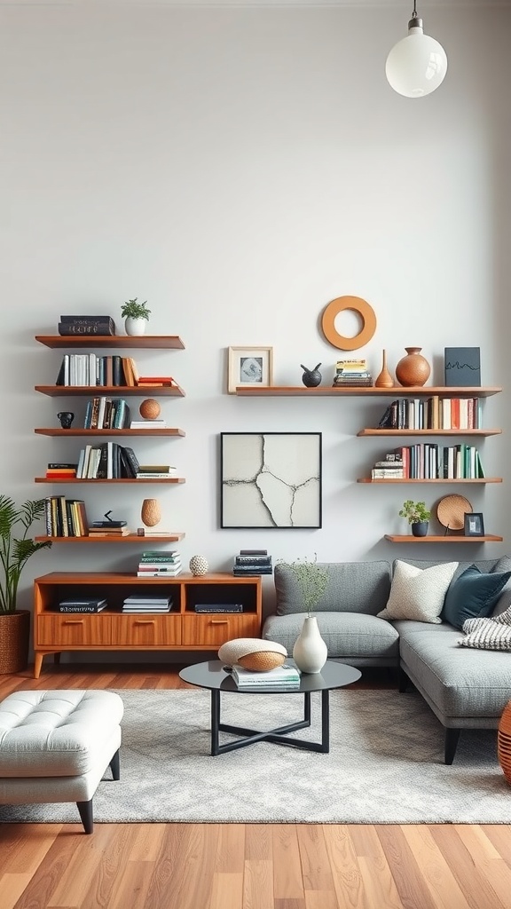 A living room featuring stylish floating shelves with books, decor, and plants