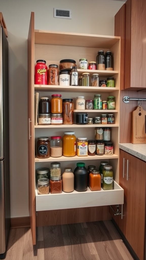 Organized pantry with jars and pull-out shelves.