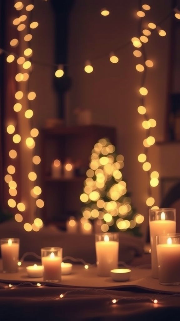 A cozy bedroom ambiance with candles and string lights creating a warm atmosphere.