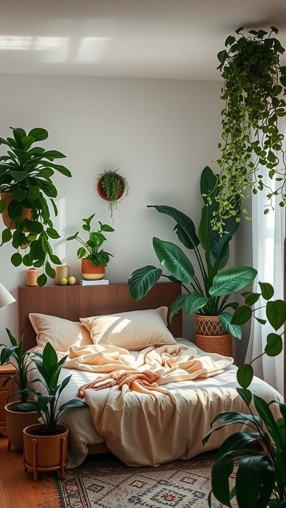A cozy bedroom filled with various indoor plants, featuring a neatly made bed and warm lighting.
