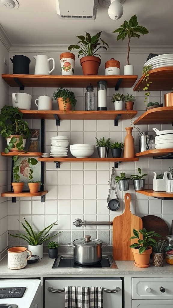 A small kitchen featuring open shelves filled with plants, dishes, and decorative items.