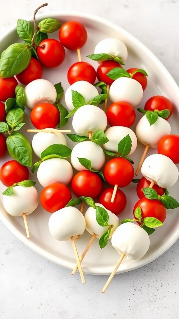 Mini Caprese skewers with cherry tomatoes, mozzarella balls, and basil leaves arranged on a platter.