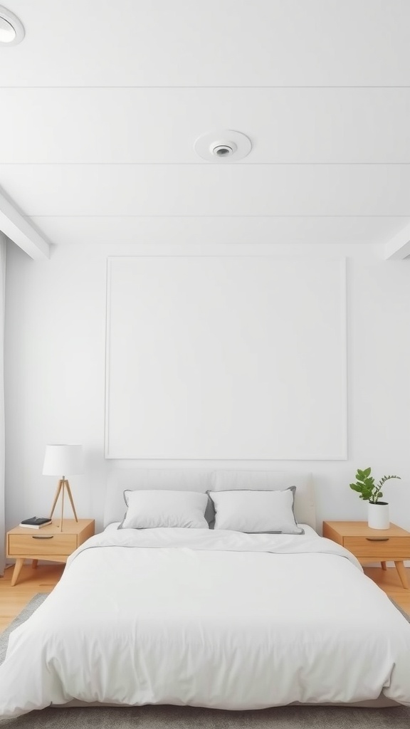 A minimalist bedroom with a white panel ceiling, featuring a double bed and wooden nightstands.
