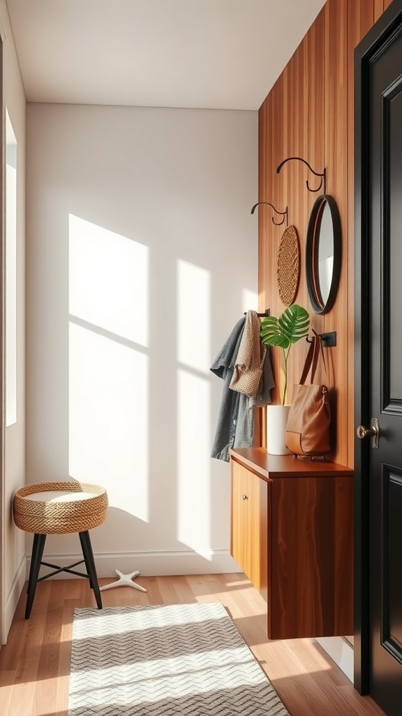 A warm and inviting entryway with a mirror, wooden wall, and stylish decor.