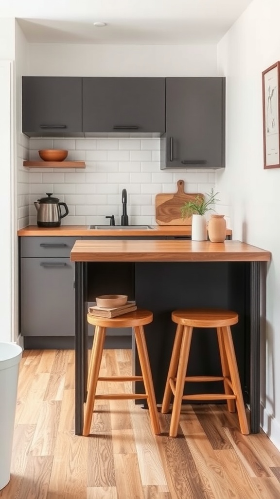 A small kitchen featuring multi-functional furniture with a foldable table and wooden stools.