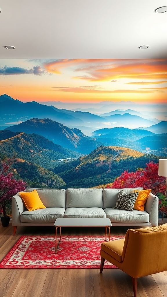 A cozy living room with a mural of mountains and a sunset