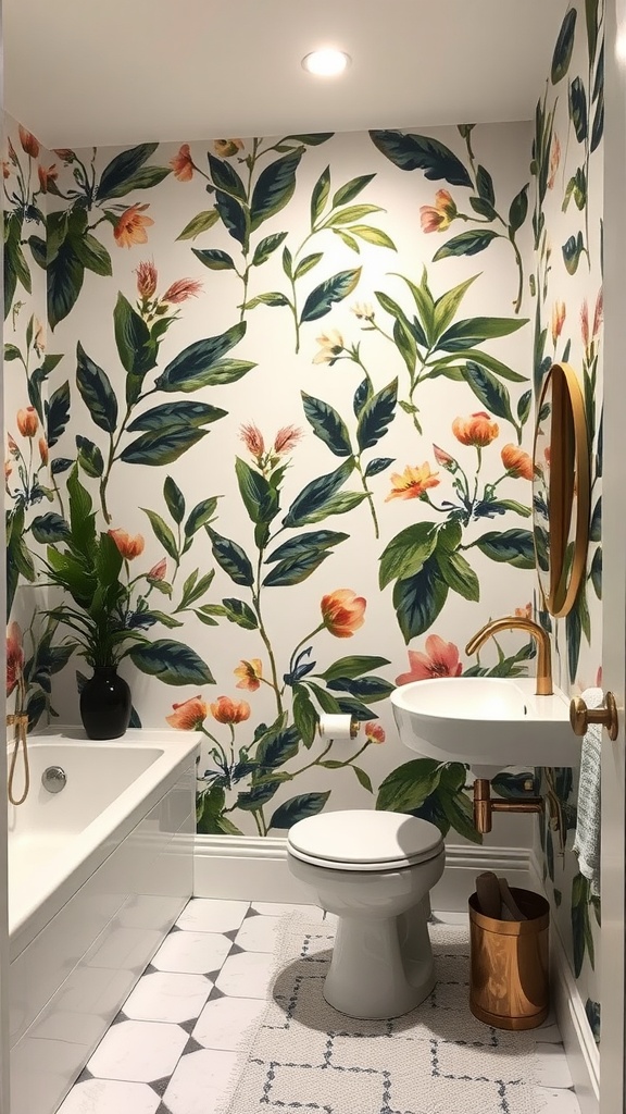 A bathroom with botanical print wallpaper featuring green leaves and colorful flowers.