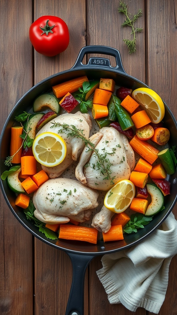 A delicious one-pan lemon herb chicken and veggies dish, ready to be served.