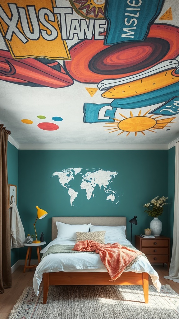 A bedroom with a creatively painted ceiling featuring colorful designs and a world map on the wall.