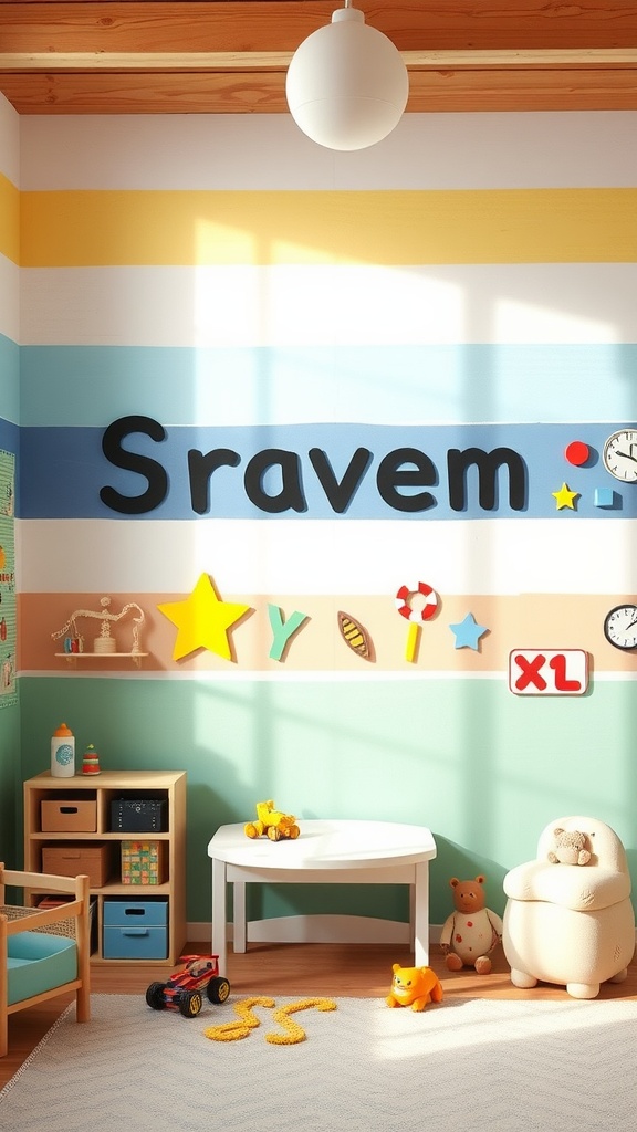 A colorful room with painted stripes on the wall, featuring playful decor and furniture.