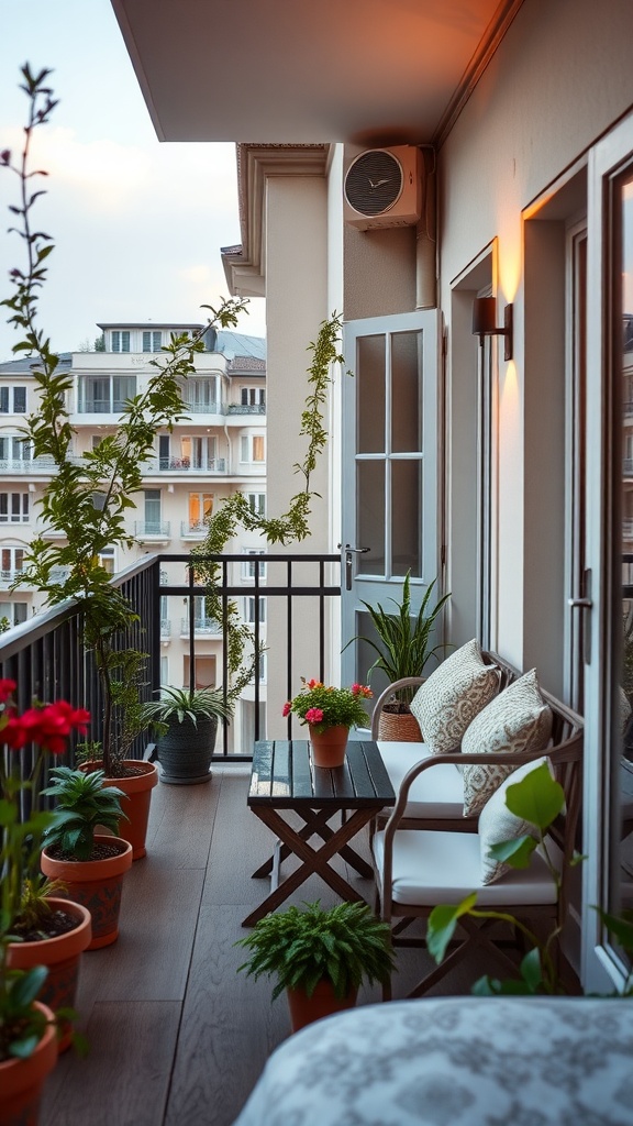 A cozy private balcony with potted plants and seating.