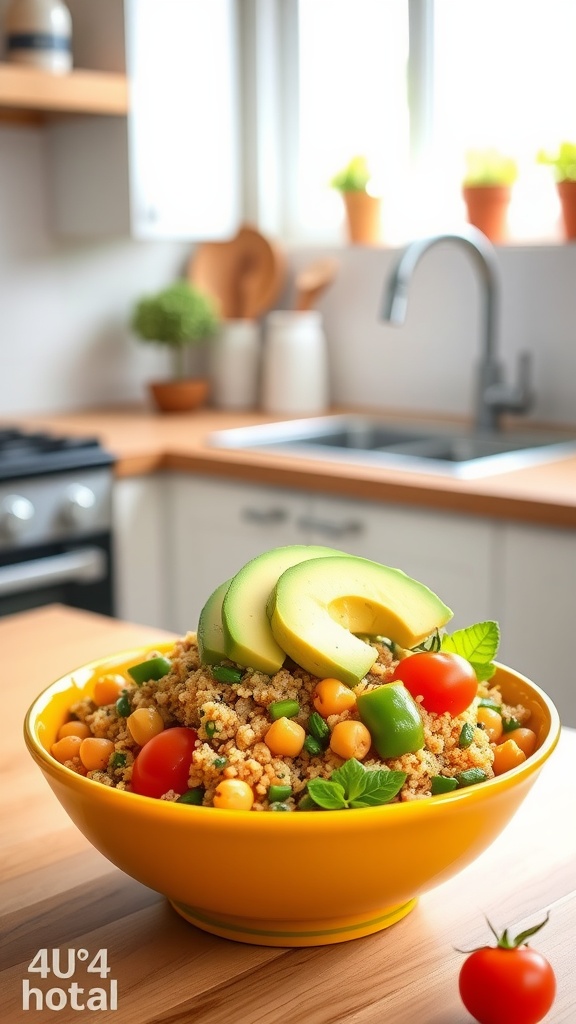 A vibrant bowl of chickpea and quinoa salad topped with avocado slices and colorful vegetables.