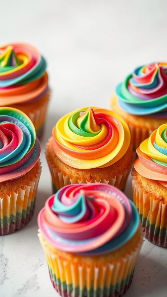 Colorful rainbow swirl cupcakes topped with vibrant frosting.
