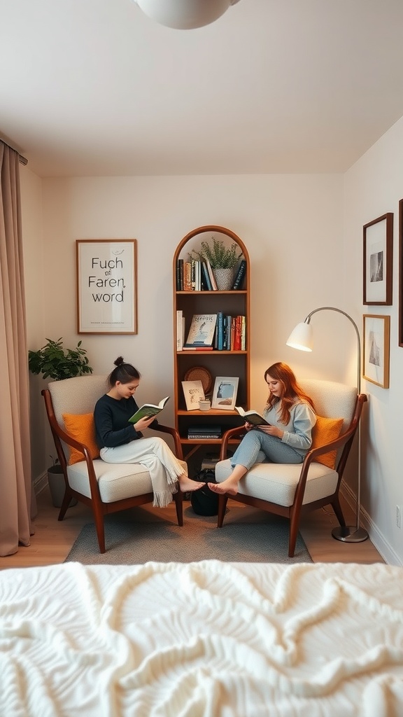 Two women reading books in a cozy nook with comfortable chairs and a bookshelf.