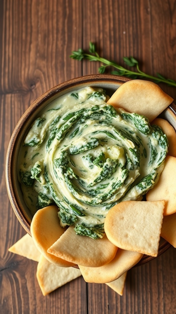 A bowl of spinach and artichoke dip surrounded by pita chips, showcasing a creamy texture and vibrant green ingredients.